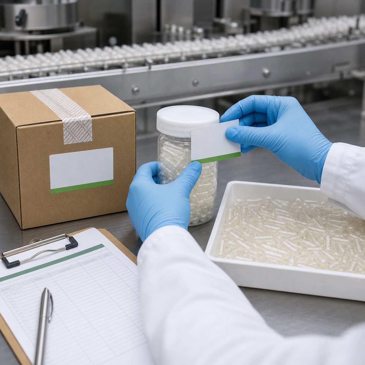 Quality team preparing an empty capsule batch sample for documented release