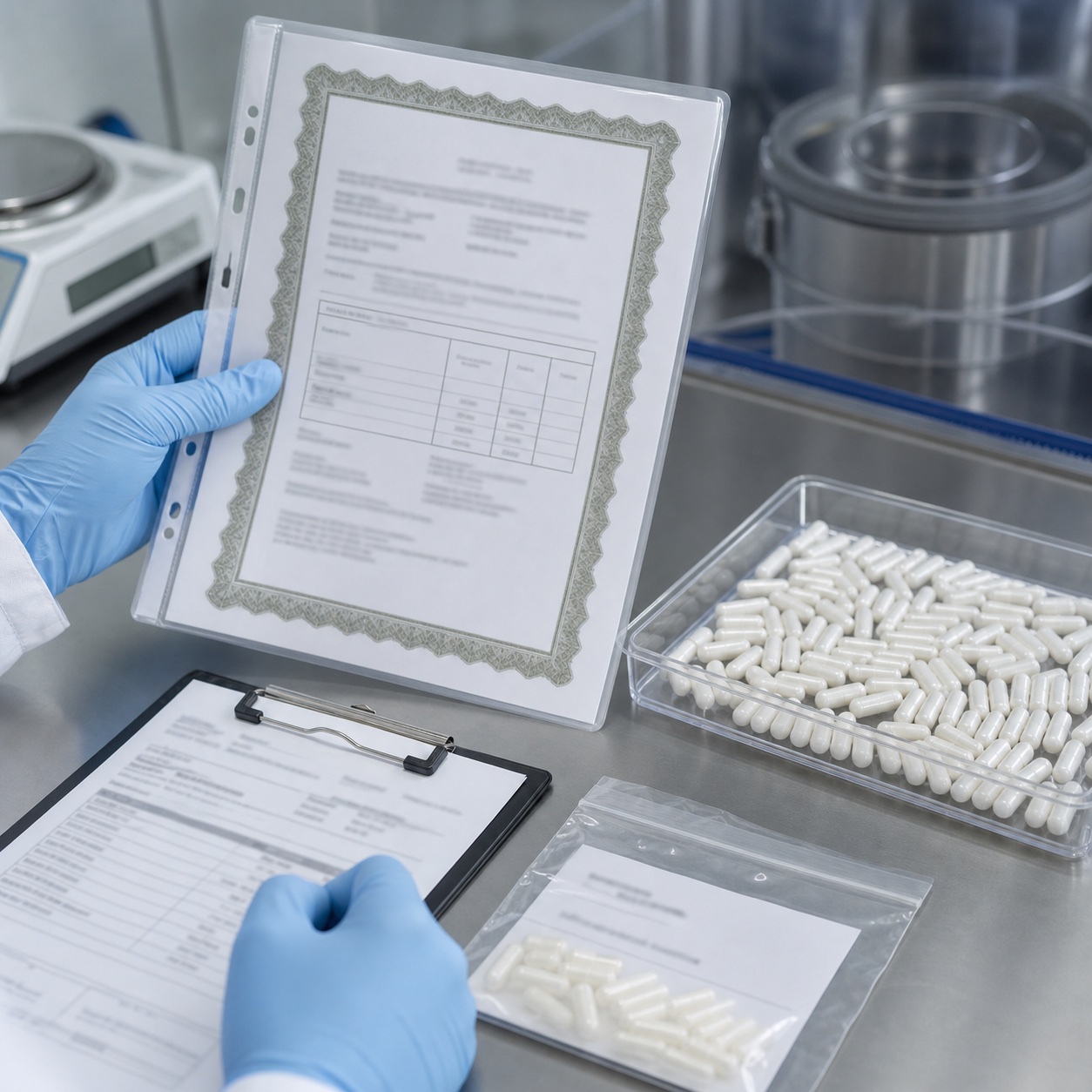 Quality specialist matching a certificate record to an empty capsule sample