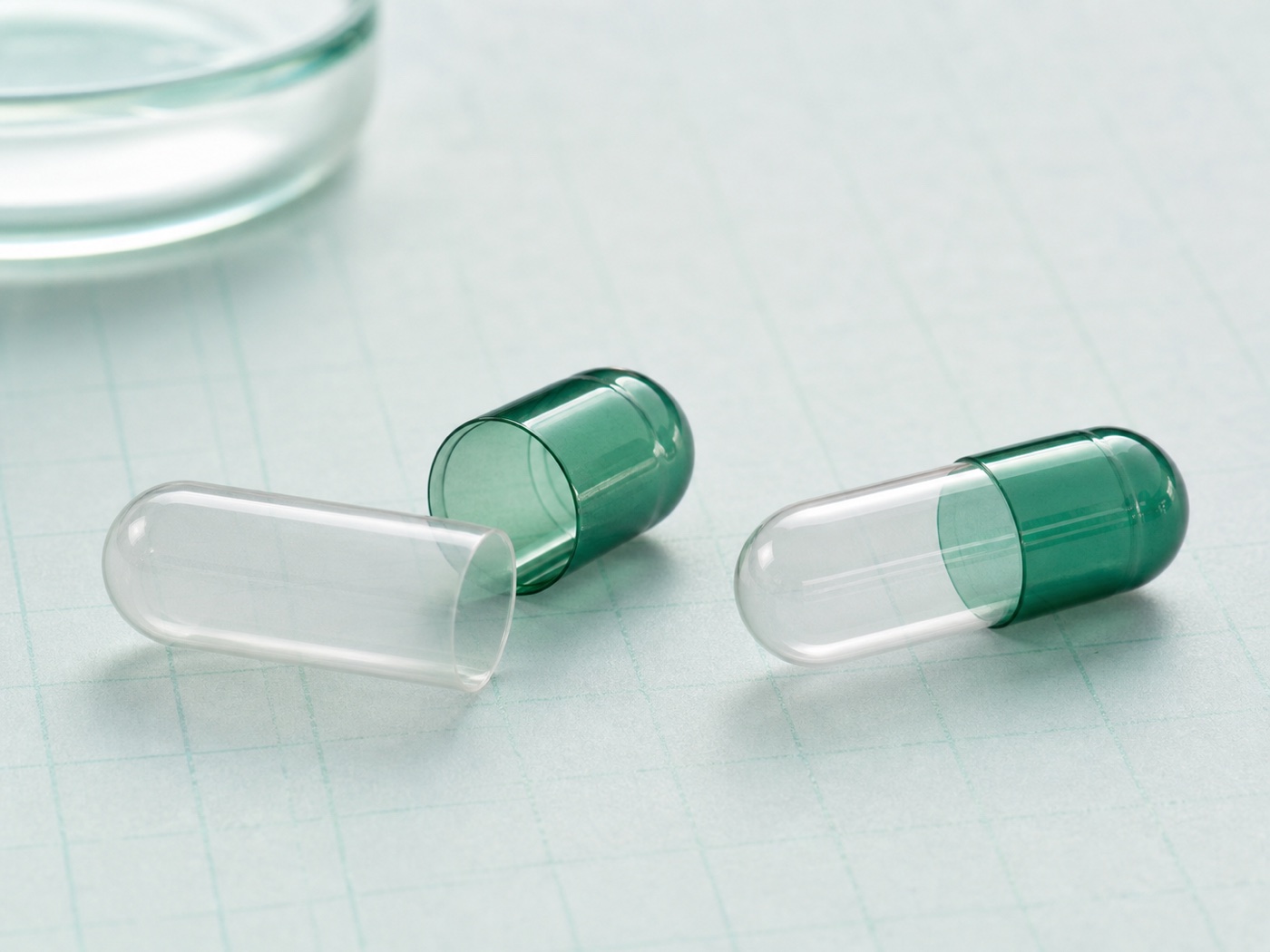 Separated and assembled empty capsule shells used to match the exact product