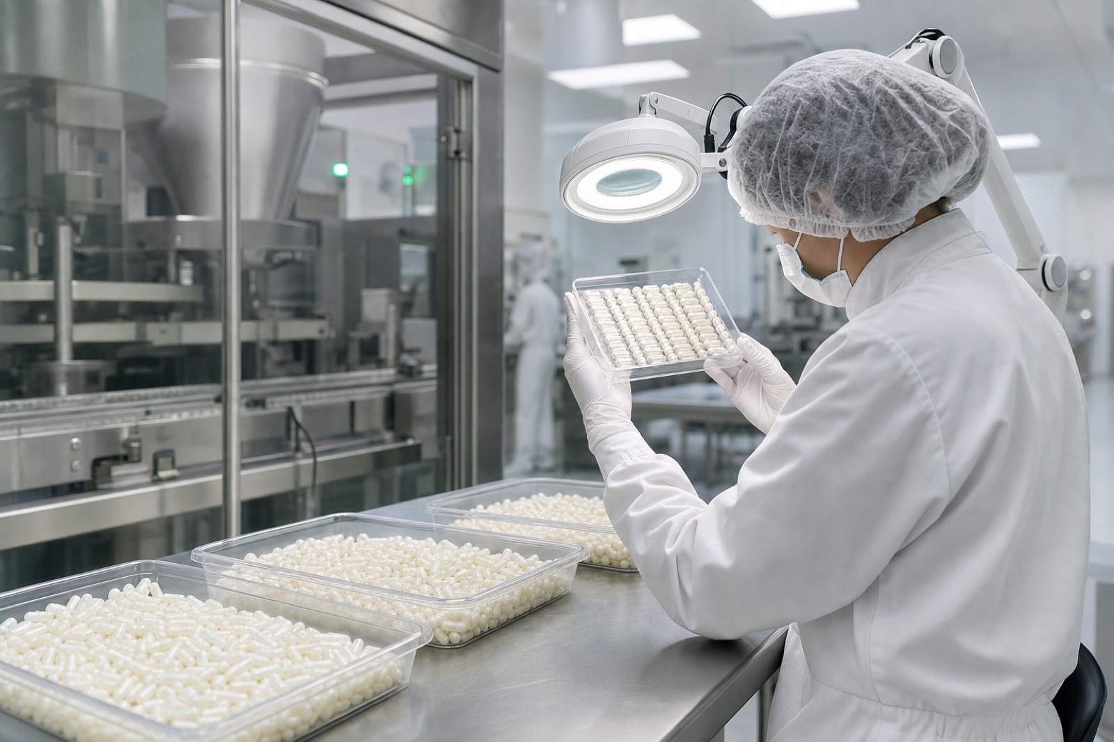 Quality technician inspecting empty capsule shells at the manufacturing site
