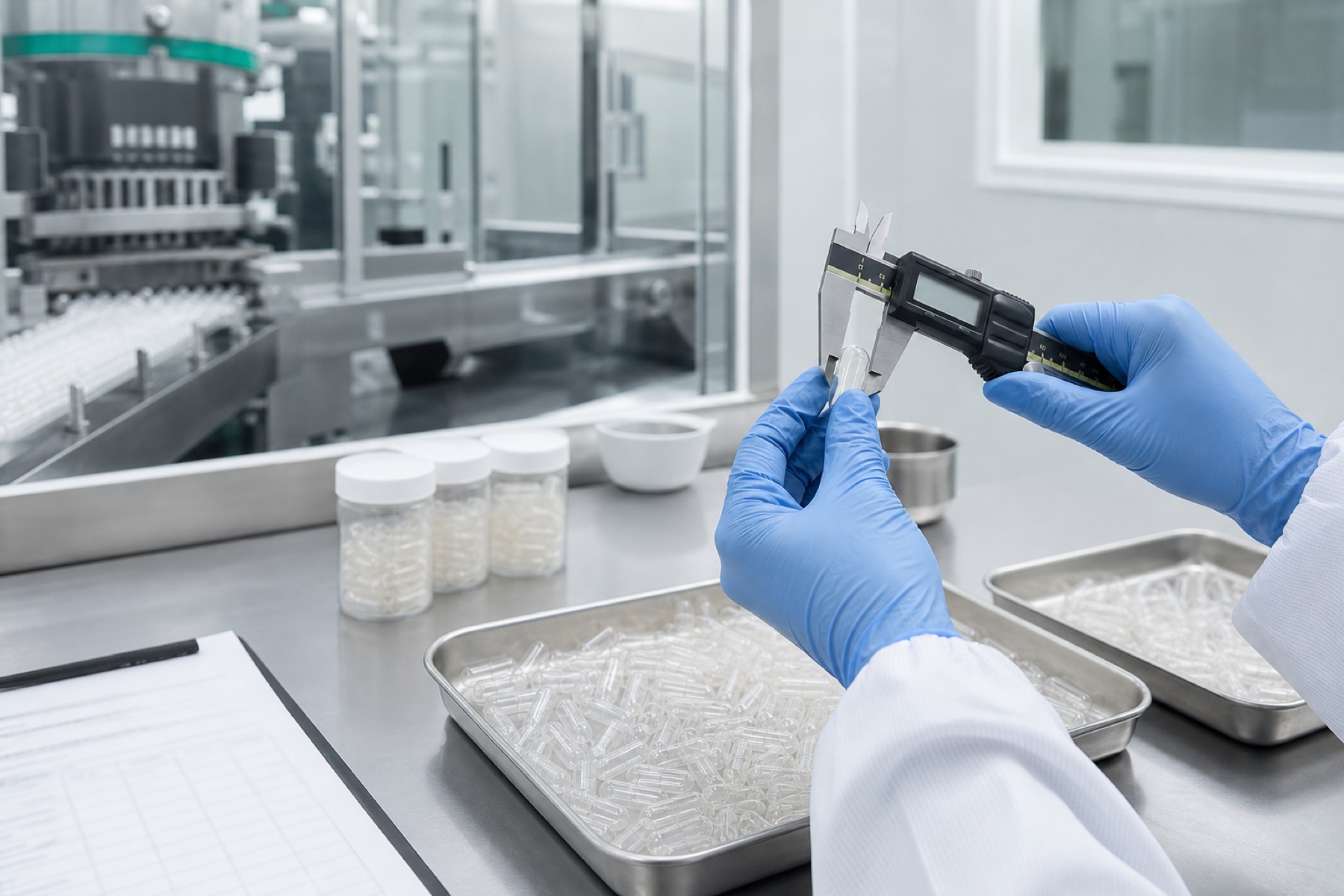 Quality technician measuring an empty capsule shell with a digital caliper